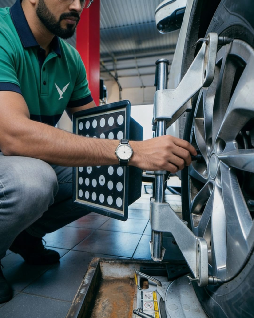 Spinoto mechanic checking car wheel alignment