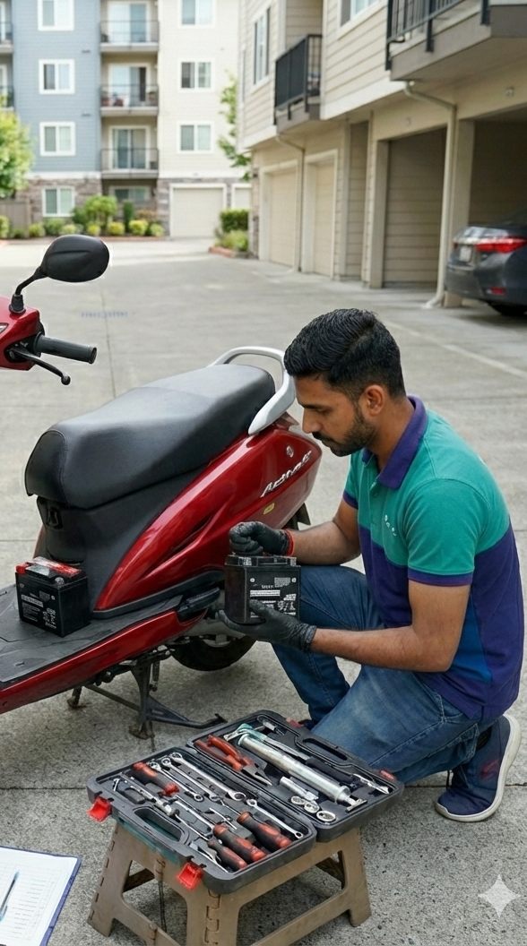 Spinoto mechanic checking a two-wheeler battery