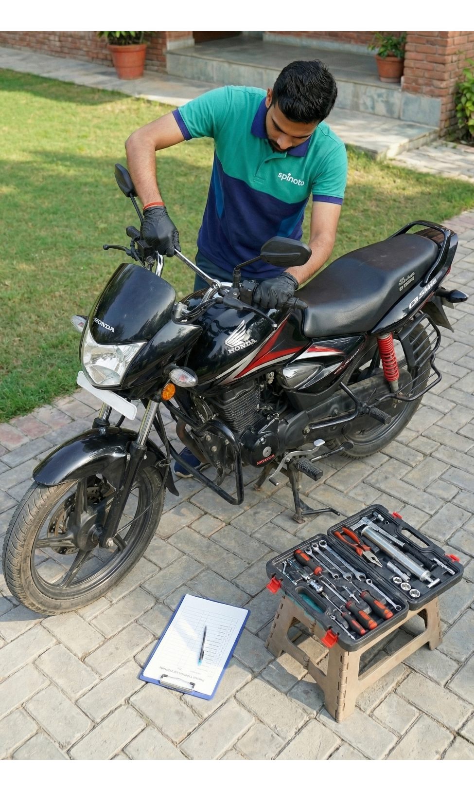 Spinoto mechanic performing general service on a motorcycle