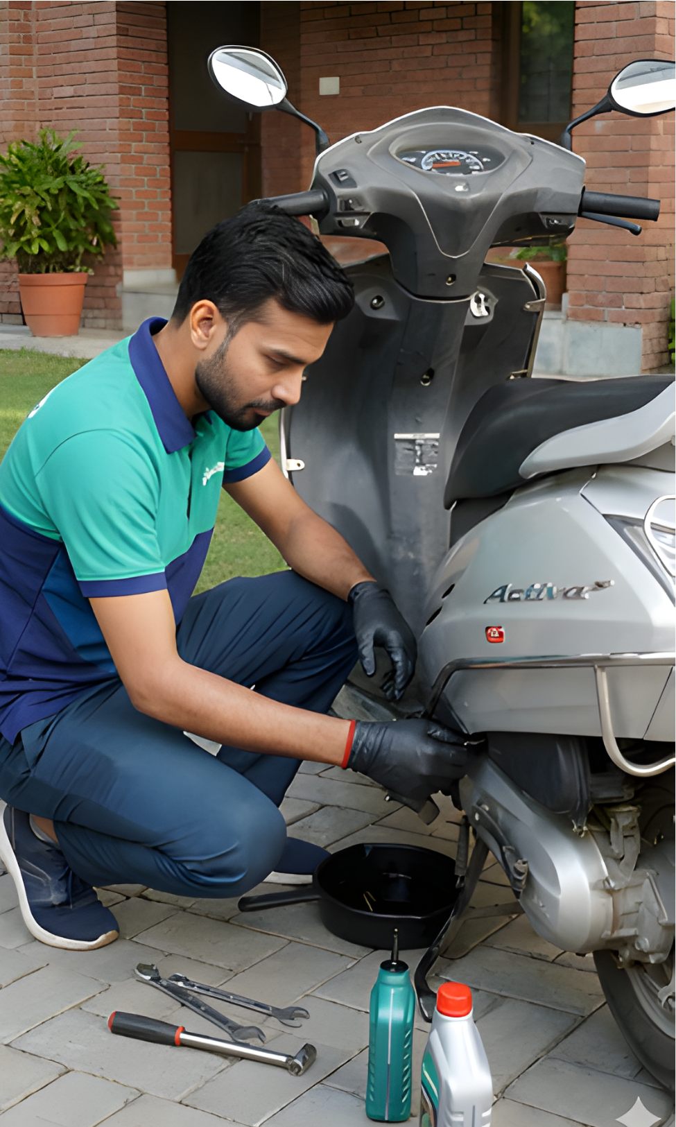 Spinoto mechanic changing engine oil on a scooter