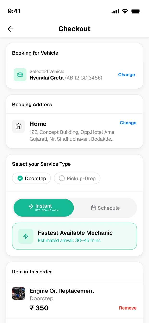 Booking checkout screen with doorstep and schedule options in the Spinoto app
