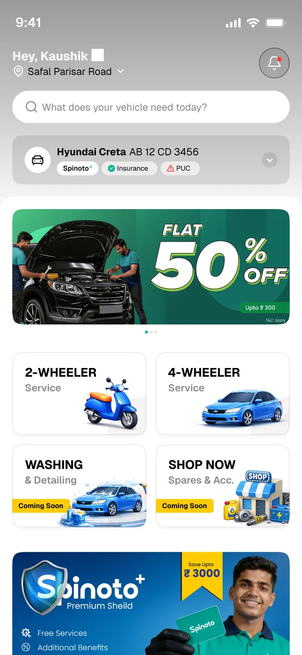 Spinoto app home screen with two-wheeler and four-wheeler service choices