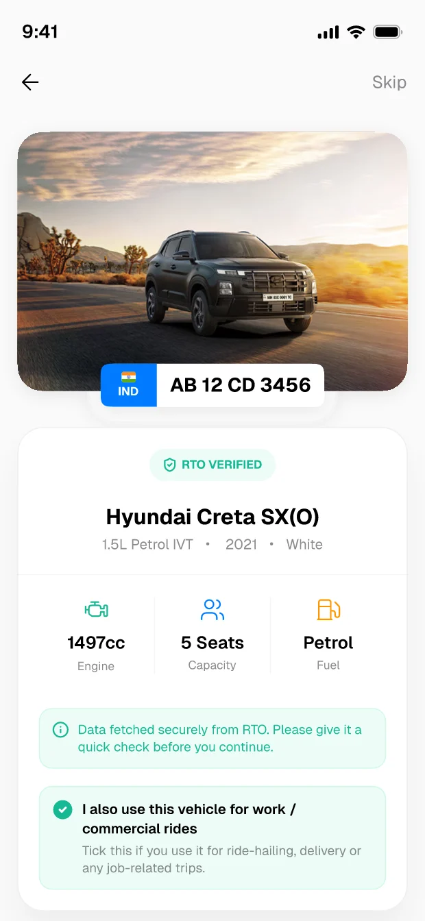 RTO-verified vehicle details screen inside the Spinoto app