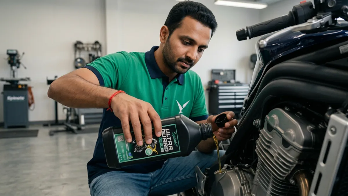 Two-wheeler engine oil replacement service visual