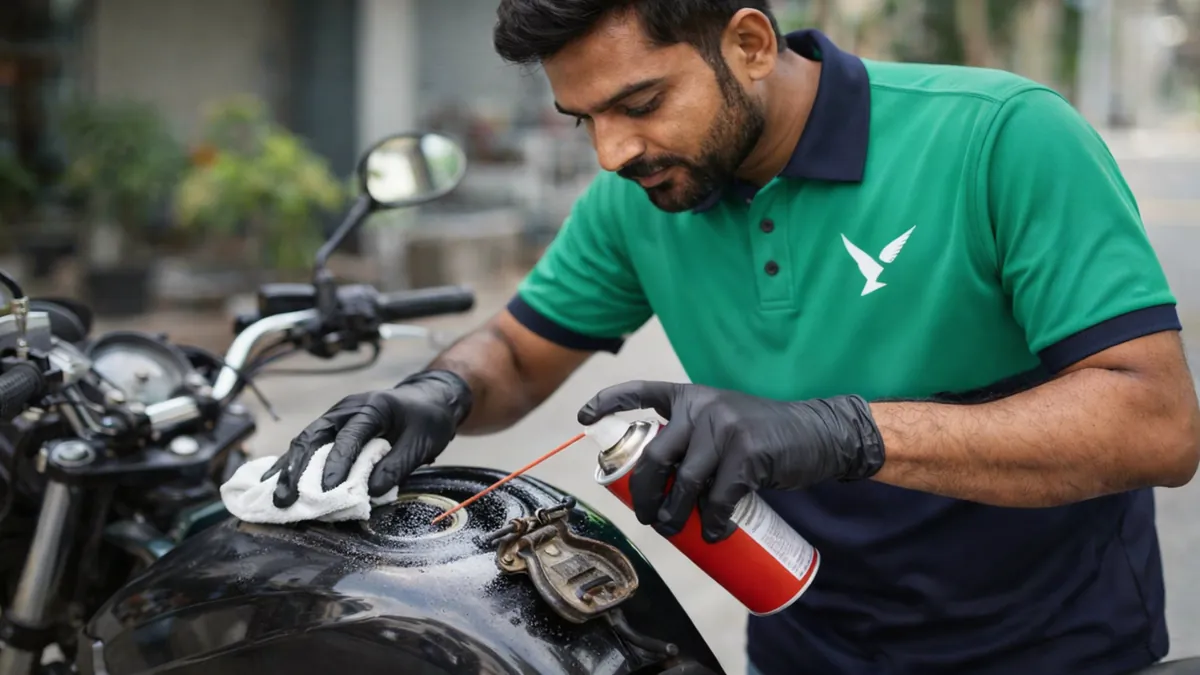 Two-wheeler petrol tank cleaning service visual