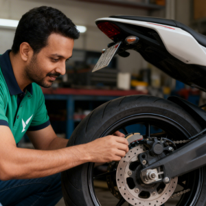 Two-wheeler rear brake pad or shoe replacement service visual